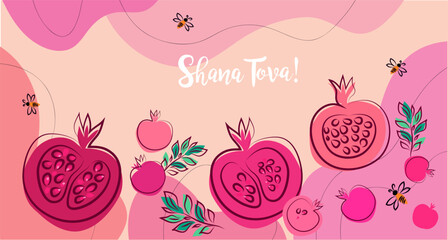 Rosh hashanah , Shana Tova - jewish new year holiday template  banner  Pomegranate, honey, wine, menorah, candle, star David, apple, shofar, flower  Vector flat icon  illustration