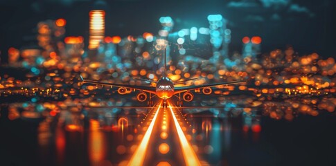 Fototapeta premium Night vision of a futuristic airport with holographic displays and aircraft