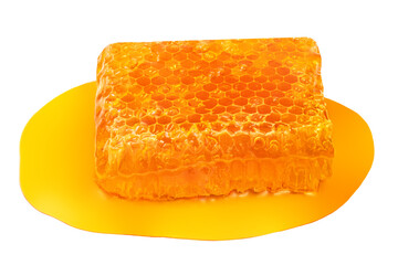  Honeycombs isolated. Sweet honeycomb in a raw flowing honey puddle on white background closeup