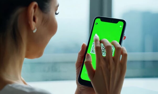 Chroma Green Screen Close-Up of Young Woman Generating QR Code on Smartphone
