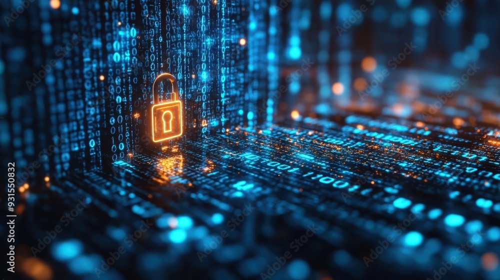 Poster secure digital world - cybersecurity concept with lock icon, binary code background, and glowing blu