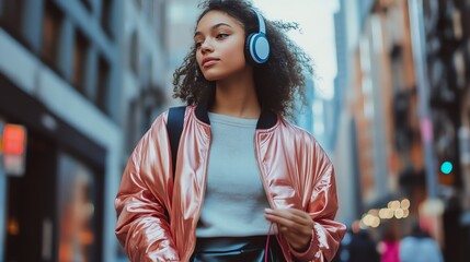 Fototapeta premium A young woman with curly brown hair is wearing a pink bomber jacket and headphones.