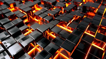 Fototapeta premium For modern digital design, abstract futuristic metallic surface with glowing orange grid lines.