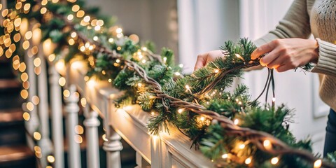 Hands carefully decorating a staircase railing with a lush green garland adorned with twinkling fairy lights. The festive ambiance captures the essence of holiday preparation and home warmth.