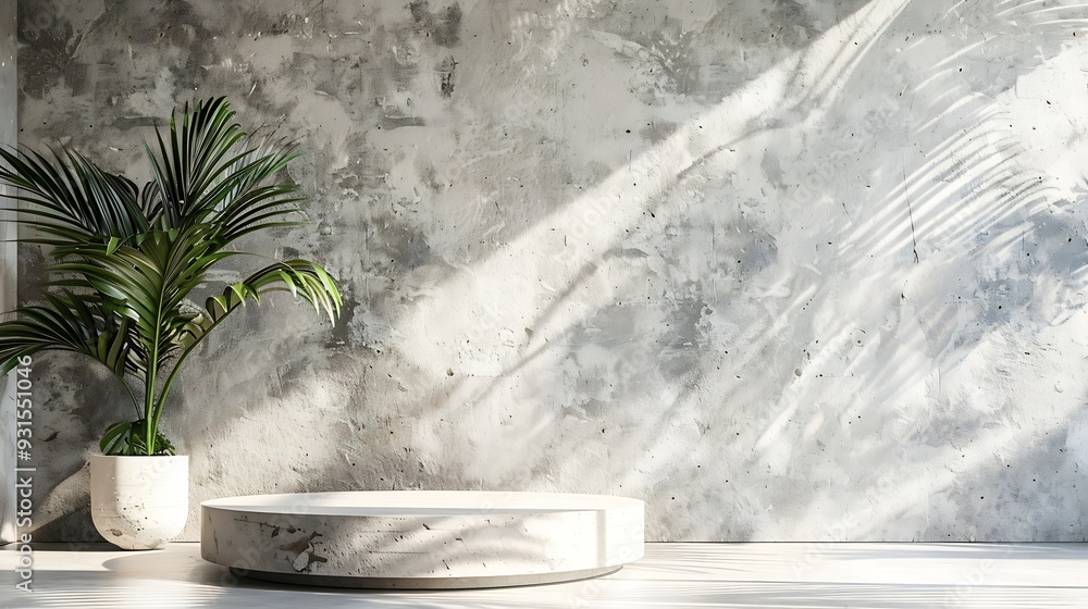 Poster natural texture stone background with palm shadow and sunlight summer tropical product placement pod