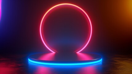 A futuristic stage with neon lights in a circular design.