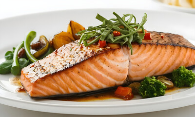 Delicious grilled salmon with roasted potatoes and green beans on white plate