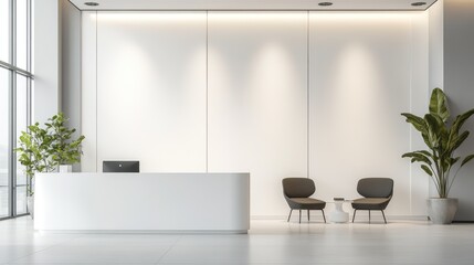 A contemporary office lobby with white walls and minimal furnishings, highlighting the role of white space in creating a modern atmosphere.