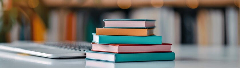 A stack of colorful books on a desk with a blurred laptop and bookshelf in the background, ideal for education or library themes.