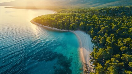 Naklejka premium Aerial view of blue sea and Zlatni Rat Brac island Croatia in summer Top drone view of adriatic sea sandbank white sandy beach green trees azure water at sunset Tropical landscape Trav : Generative AI