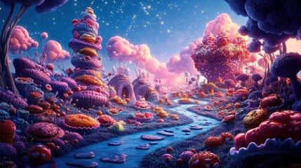 A fantastical candyland with colorful landscapes, whimsical hills, and a sparkling river under a starry sky.