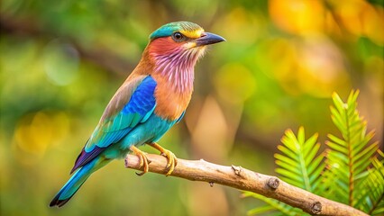 Obraz premium Indian roller bird perched on tree branch hunting for food, Indian roller, bird, perched, branches, hunting, food, colorful