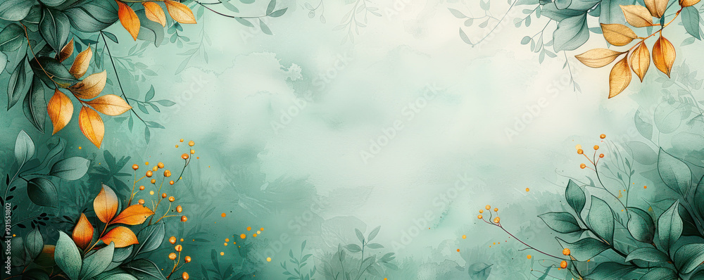 Wall mural Elegant abstract banner featuring golden leaves with a soft teal gradient and artistic splashes of texture.