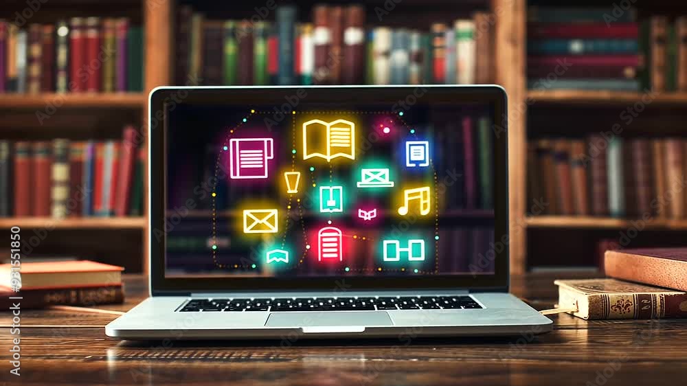 Poster laptop displaying a vibrant online learning interface with floating educational elements, surrounded