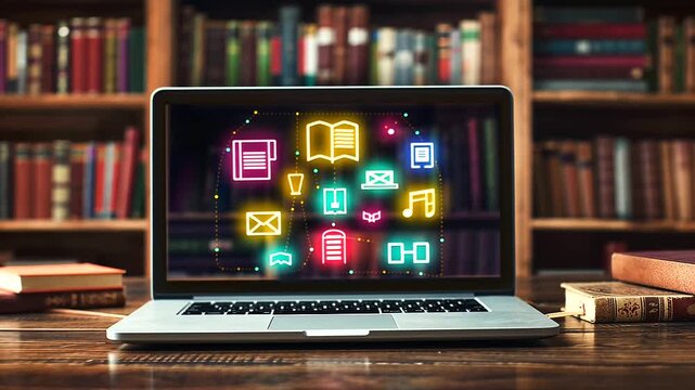 Laptop displaying a vibrant online learning interface with floating educational elements, surrounded by stacks of bookshelves, on a rich dark wood backdrop
