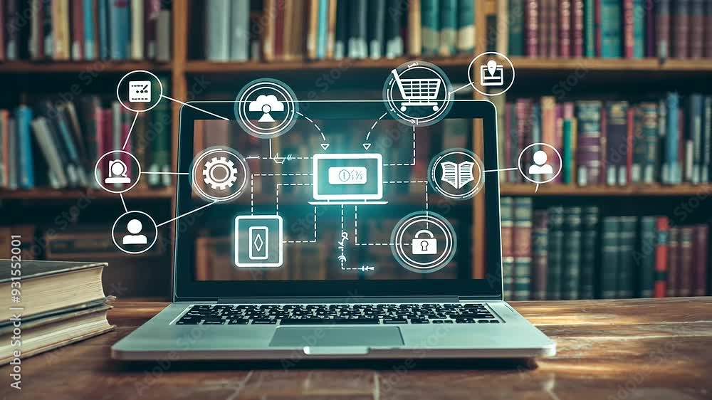 Aufkleber online learning concept with an open laptop displaying floating educational icons and books, surroun