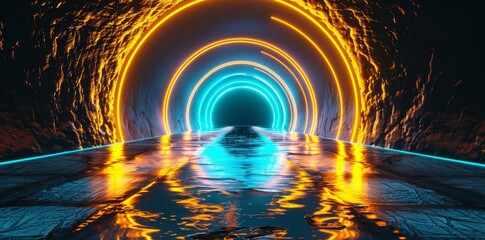 Yellow Tunnel with Neon Lights Abstract Modern Rendering Concept Art. 3D Rendering, Futuristic Art, Neon Lights, Yellow Tunnel.