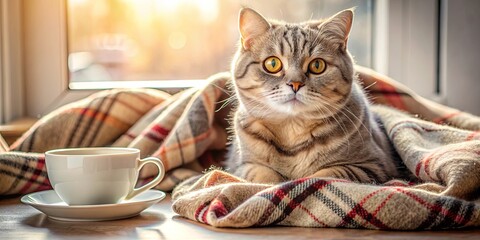 Scottish cat displaying a relaxed morning mood in a cozy setting , morning, mood, Scottish, cat, pet, furry, relax, sleep