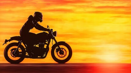 Fototapeta premium Silhouette of a motorcyclist riding against a vibrant sunset, capturing the essence of adventure and freedom on the open road.