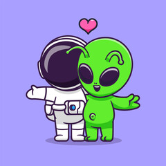 Fototapeta premium Cute Astronaut And Alien Couple Together Cartoon Vector Icon Illustration Science Technology Icon Concept Isolated Premium Vector. Flat Cartoon Style