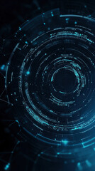 Obraz premium Futuristic, digital art-style background with a dark blue and teal color palette. A series of circles in the center, each containing different data or information elements like numbers