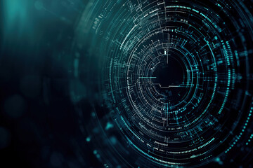 Fototapeta premium Futuristic, digital art-style background with a dark blue and teal color palette. A series of circles in the center, each containing different data or information elements like numbers