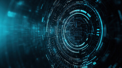 Futuristic, digital art-style background with a dark blue and teal color palette. A series of circles in the center, each containing different data or information elements like numbers