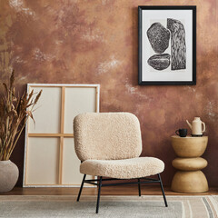 Modern living room interior composition with mock up poster frame, frotte armchair, metal shelf and stylish home accessories. Creative wallpaper. Home staging. Template. Copy space..