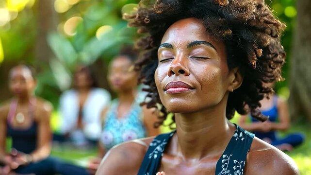 Woman&rsquo;s peaceful expression in close-up, meditating with a group in nature, the scene infused with a sense of calm and mindfulness