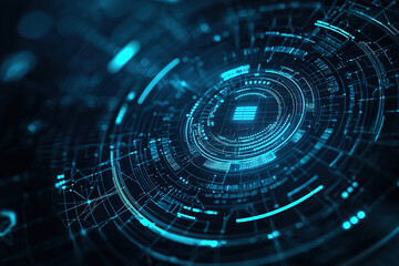 Futuristic, digital art-style background with a dark blue and teal color palette. A series of circles in the center, each containing different data or information elements like numbers