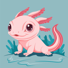 Vector illustration of cute pink axolotl in cartoon style. Postcard with cute amphibian for stickers and banners.