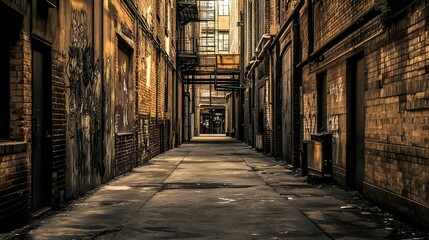 A deserted alleyway in a quiet city, emphasizing the aesthetics of emptiness and stillness.