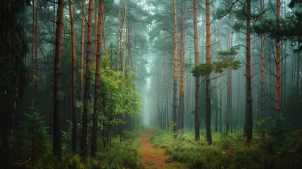 Misty forest with tall straight trees creating a mysterious and serene atmosphere : Generative AI