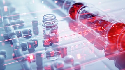Analysing a vial with pills, scanning, numbers and red grid overlay