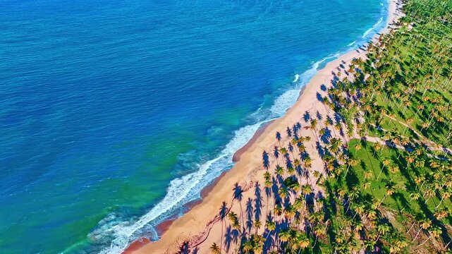 Tropical island in the Atlantic Ocean. Coconut palms on sandy beach above turquoise sea and white big waves. Summer travel concept background. Copy space. Nobody