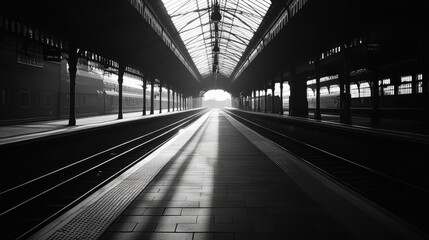A deserted train station platform with no people in sight, capturing the essence of absence and waiting.