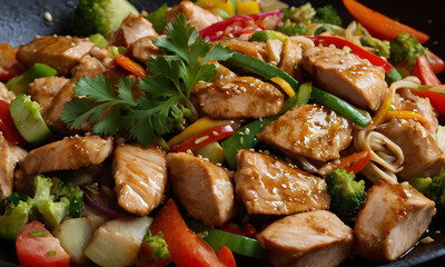 Fototapeta premium Wok with chicken and vegetables covered in sesame seeds