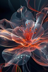 A vibrant, ethereal flower with translucent petals and intricate details in shades of red and pink against a dark background.