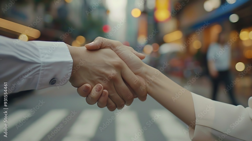 Poster business people handshake and corporate deal with support for b2b merger teamwork or hiring partners