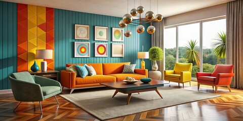 Vibrant colors and metallic accents meet bold geometric shapes in a retro-futuristic fusion, evoking the excitement of the atomic age in modern design.