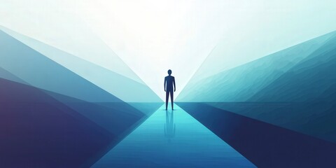 Abstract illustration of a solitary figure standing at the intersection of dynamic paths, symbolizing choices, decisions, and direction, ideal for concepts related to leaders
