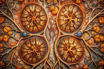Fibrotic kidneys with intricate scarring patterns, shot from below, in earthy tones and gritty texture, revealing a complex, worn landscape.