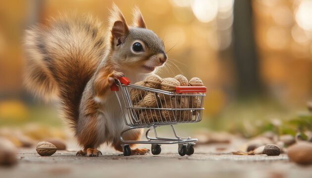 cute red fluffy squirrel with a cart of Nuts in autumn forest, stock up on food for the winter, saving money, symbolizing autumn season