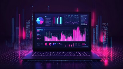 Fototapeta premium Laptop notebook computer display screen with business graphs