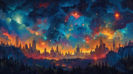 A vibrant depiction of a city skyline at night with each building illuminated by colorful lights, representing dreams coming to life