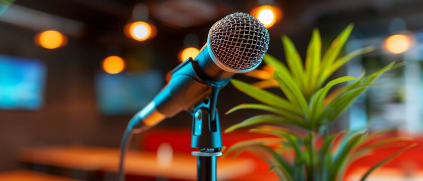 Black microphone on stand in cozy studio setting with blurred background, illuminated by warm lighting, and a green plant in the foreground.