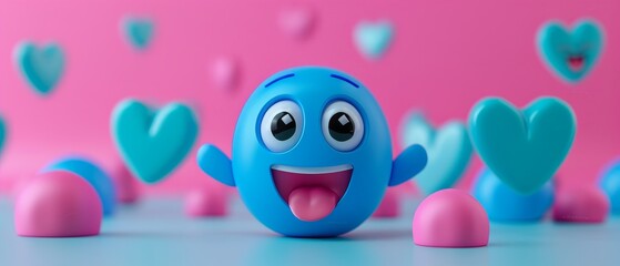 Fototapeta premium Cheerful blue emoji character surrounded by hearts on a colorful pink and blue background, expressing happiness and joy.