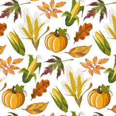Corn and pumpkin in a pattern.Vector seamless pattern with corn, pumpkin and autumn leaves on a transparent background.