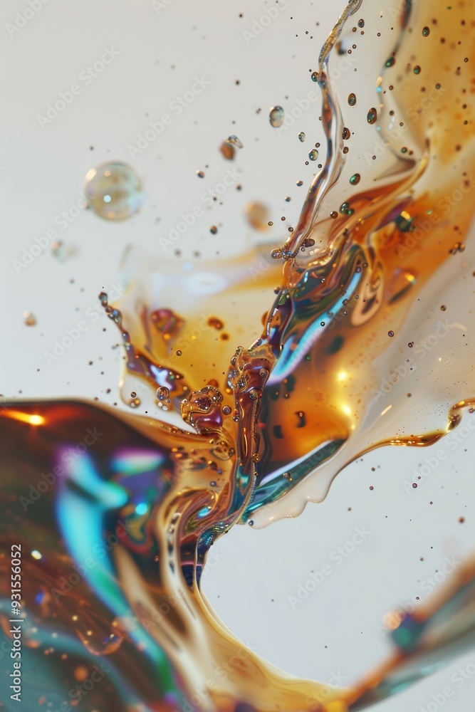 Poster dynamic splash of vibrant liquid with bubbles, showcasing an array of warm and cool colors in a mesm