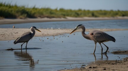 Young child standing on beach observing blue heron. generative.ai